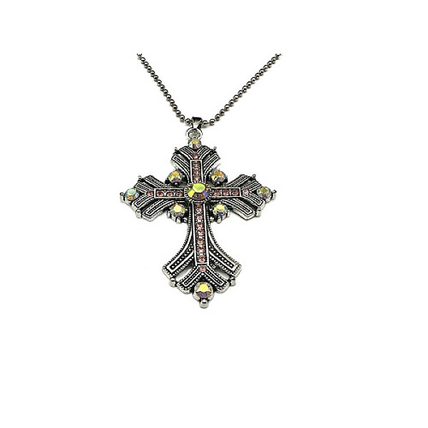 

PandaHall Cross Rhinestone Pendant Necklaces, with Antique Silver Alloy Ball Chains, Light Peach, 27.56 inch(70cm) Rhinestone Cross Pink