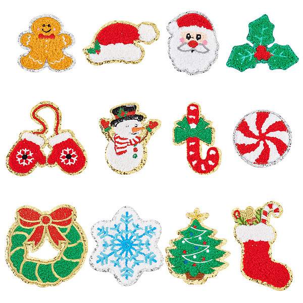 PandaHall 12Pcs 12 Style Christmas Theme Towel Embroidery Cloth Iron on/Sew on Patches, Costume Accessories, Appliques, Mixed Color...