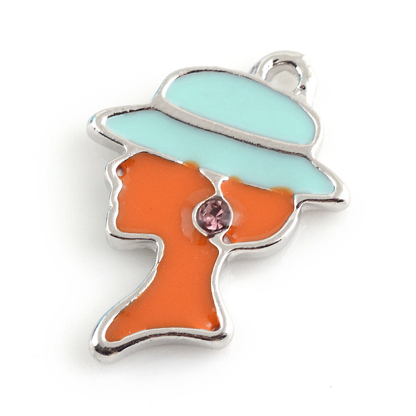 

PandaHall Alloy Enamel Pendants, with Rhinestone, Woman, Orange Red, 22x16.5x2.5mm, Hole: 2mm Alloy Rhinestone+Enamel Human Clear