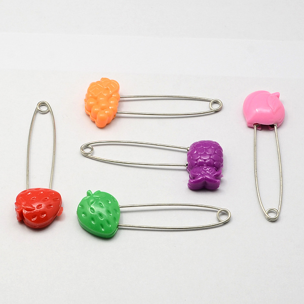 

PandaHall Platinum Plated Iron Safety Brooch, with Fruit Shape Plastic Findings, Mixed Color, 53~61x17~22mm Iron Multicolor