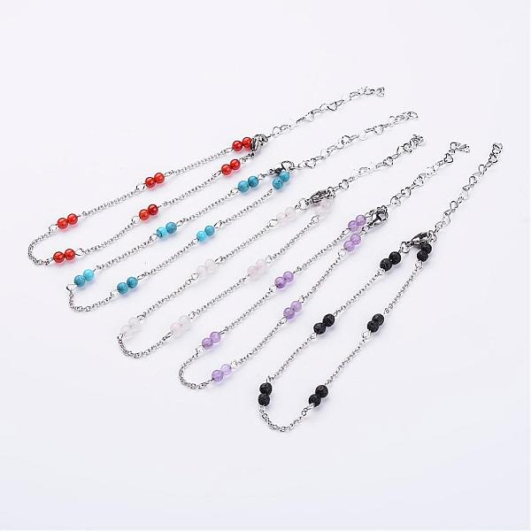 

PandaHall 304 Stainless Steel Chain Anklets, with Mixed Stone Beads, 9-1/4 inch(235mm) Mixed Stone