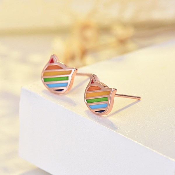 PandaHall Brass Stud Earrings, with Enamel, Cat, Colorful, Rose Gold Brass Cat