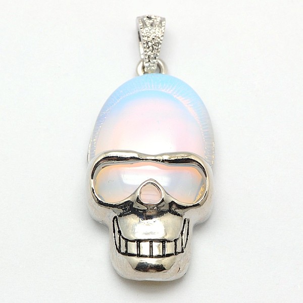 PandaHall Personalized Retro Halloween Skull Jewelry Bezel Opalite Pendants, with Antique Silver Plated Alloy Findings, 43x23x12mm, Hole...