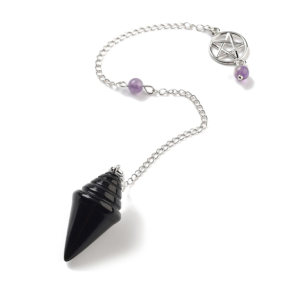 

PandaHall Natural Obsidian Pointed Dowsing Pendulums, with Rack Plating Brass Findings, Cone, 245mm Obsidian Cone
