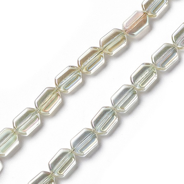 

PandaHall Electroplate Glass Beads Strands, Half Rainbow Plated, Rectangle, Honeydew, 9.5x6~6.5x3.5mm, Hole: 1mm, about 68pcs/strand..., Green
