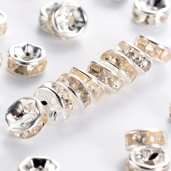 

PandaHall Brass Rhinestone Spacer Beads, Grade B, Clear, Silver Color Plated, Size: about 6mm in diameter, 3mm thick, hole: 1mm...