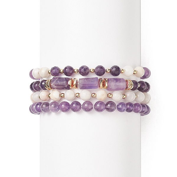 

PandaHall 4Pcs 4 Style Natural Amethyst & White Crazy Agate & Brass Beaded Stretch Bracelets Set, Gemstone Stackable Bracelets for Women...