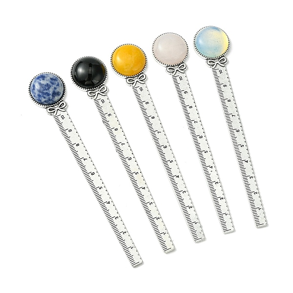 

PandaHall Round Tibetan Style Retro Alloy Bookmark Rulers, Mixed Gemstone Bookmarks, Antique Silver, 129x22.5x8mm Mixed Stone Flat Round
