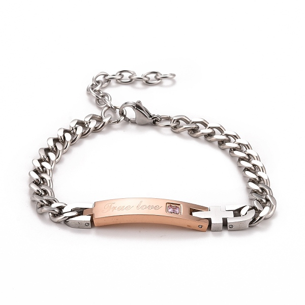 

PandaHall Rectangle with Word True Love Link Bracelet with Rhinestone, Vacuum Plating 304 Stainless Steel Jewelry for Men Women, Rose Gold &..., Pink