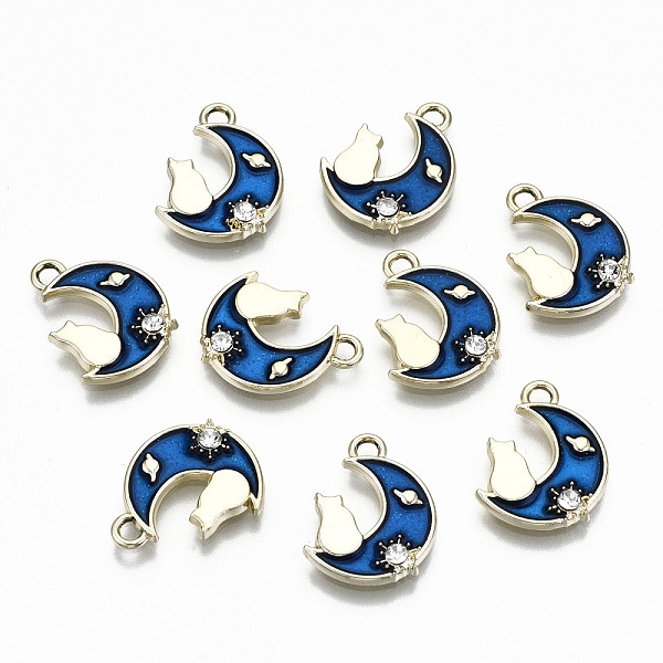 

PandaHall Alloy Enamel Pendants, with Rhinestone with Glitter Powder, Cadmium Free & Lead Free, Moon with Cat, Light Gold, Blue...