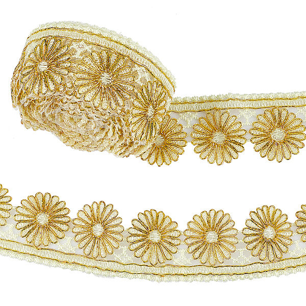 

PandaHall 5 Yards Polyester Lace Trim, Embroidery Ancient Hanfu Lace Ribbon, Flower, Gold, 1-1/8~2 inch(28~50mm) Polyester Flower Gold