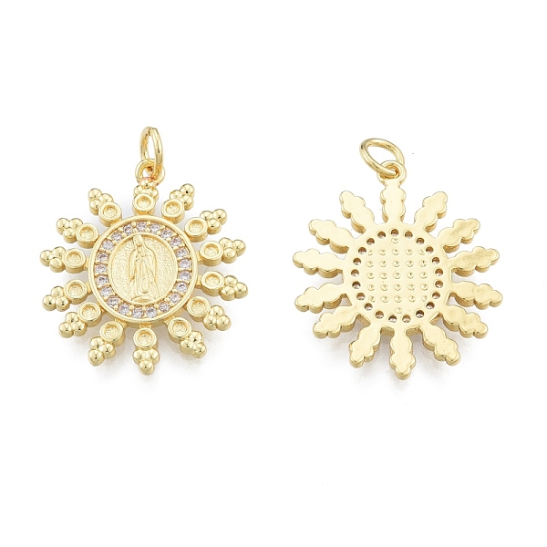 

PandaHall Brass Micro Pave Clear Cubic Zirconia Pendants, with Jump Rings, Sun with Saint, Real 18K Gold Plated, 23x19x1.5mm, Hole: 3mm...