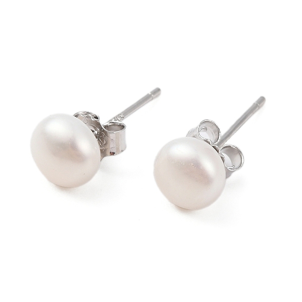 

PandaHall Natural Pearl Round Bead Stud Earrings, with Real Platinum Plated 925 Sterling Silver Findings, White, 16x6~7mm Pearl Round White
