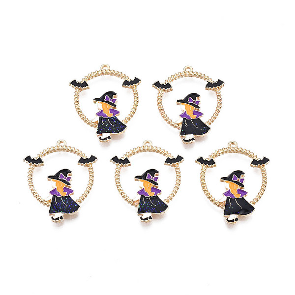 

PandaHall Halloween Alloy Enamel Pendants, Cadmium Free & Nickel Free & Lead Free, Ring with Bat & Girl, Light Gold, Black, 29.5x23.5x2mm...