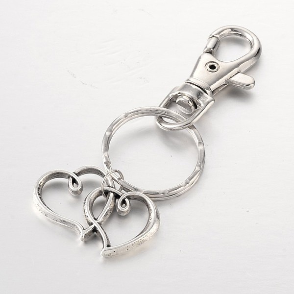 

PandaHall Heart to Heart Alloy Keychain, with Iron Key Rings, Antique Silver, 80mm Alloy Heart