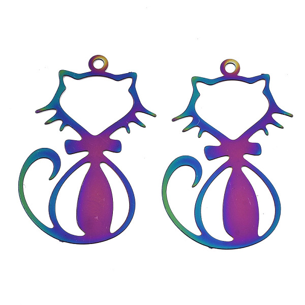 

PandaHall Ion Plating(IP) 201 Stainless Steel Filigree Pendants, Etched Metal Embellishments, Cat, Rainbow Color, 33x20x0.3mm, Hole: 1.6mm...