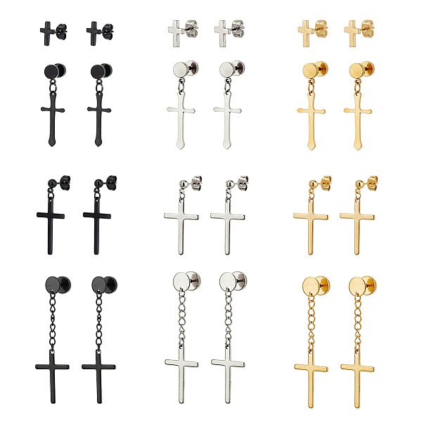 

PandaHall FIBLOOM 24Pcs 12 Style Stainless Steel Cross Stud Earrings with 304 Stainless Steel Pins for Women Men, Mixed Color...