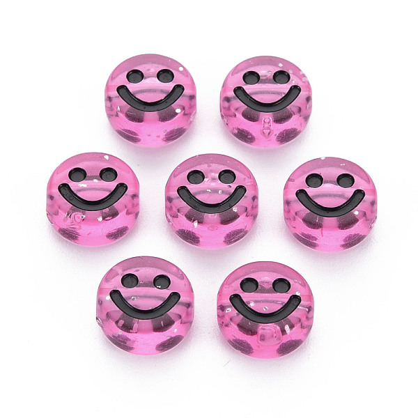 

PandaHall Transparent Acrylic Beads, with Glitter Powder, Flat Round with Black Enamel Smile Face, Pearl Pink, 10x5mm, Hole: 2mm, about...