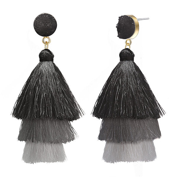 

PandaHall SHEGRACE Brass Stud Earrings, Dangle Earrings, with Resin and Tassel Pendants, Gray, 88mm Resin Gray