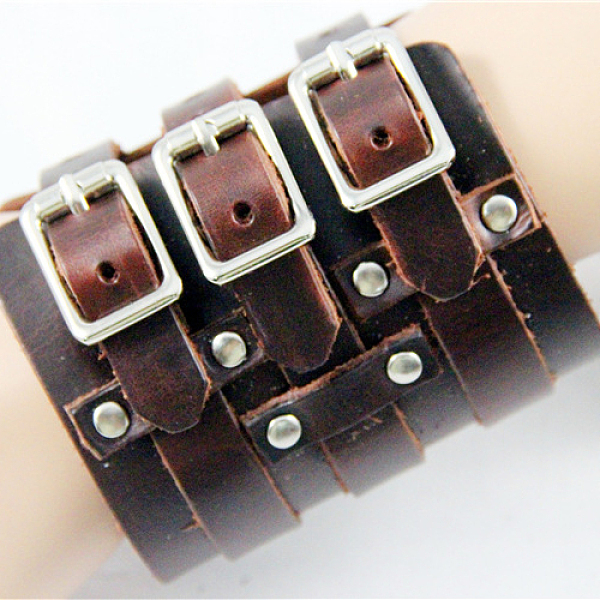 

PandaHall Punk Rock Style Cowhide Leather Bracelets, with Platinum Plated Alloy Clasps Findings, Coconut Brown, 270x90mm Alloy Brown