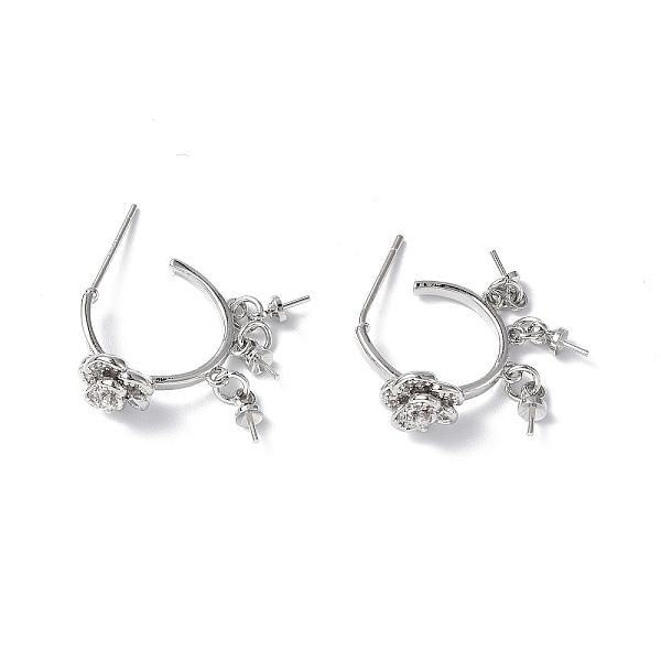 PandaHall Brass Clear Cubic Zirconia Stud Earring Findings, with Three Cup Peg Bails and 925 Sterling Silver Pins, Half Ring with Flower...