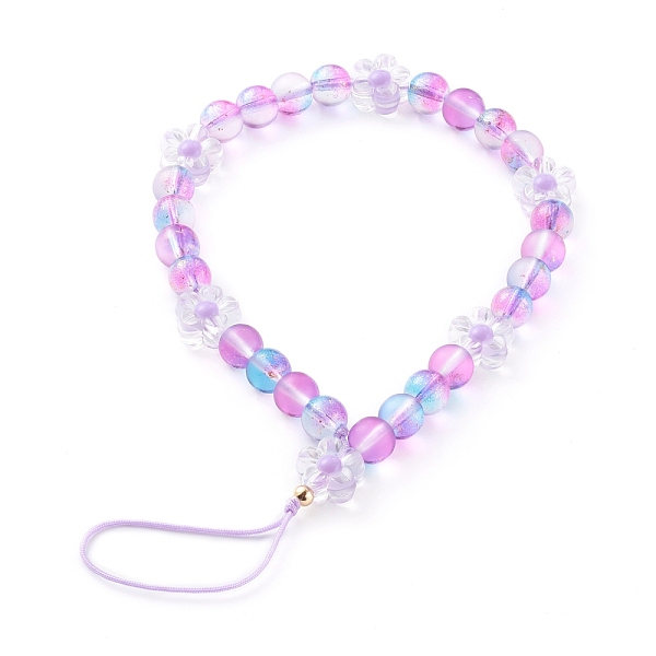 PandaHall Frosted Round Spray Painted Glass Beaded Mobile Straps, with Acrylic Flower Beads and Nylon Thread, Medium Purple, 19cm Glass