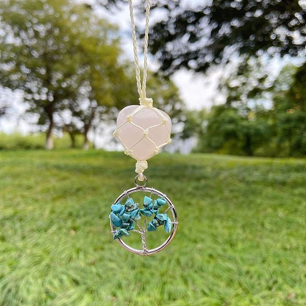 

PandaHall Heart Natural Rose Quartz Pendant Decoration, with Synthetic Turquoise Chips and Alloy Findings, Tree of Life, 130x30mm Synthetic...