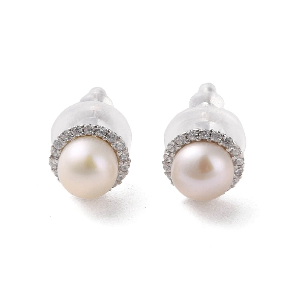 

PandaHall 925 Sterling Silver Studs Earring, with Cubic Zirconia and Natural Pearl, Round, Platinum, 8.5mm Pearl Round