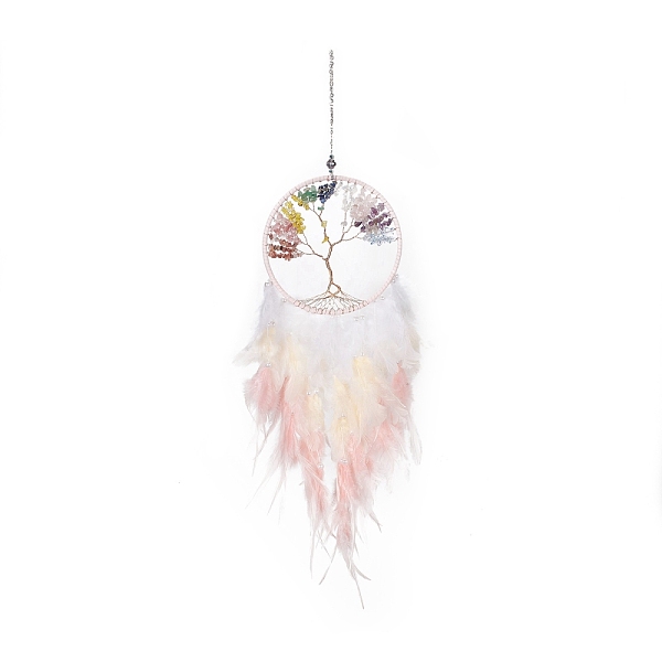 

PandaHall Iron Woven Web/Net with Feather Pendant Decorations, with Plastic and Gemstone Beads, Covered with Leather and Brass Cord, Flat...