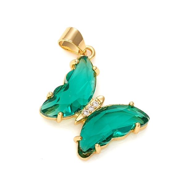 

PandaHall Glass Pendants, with Brass Clear Micro Pave Cubic Zirconia, Butterfly, Golden, Green, 24x21x4mm, Hole: 5.5x3.5mm Brass+Glass...