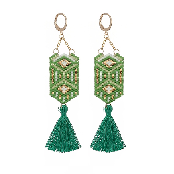 

PandaHall Glass Seed Hexagon with Cotton Tassel Dangle Leverback Earrings, Golden 304 Stainless Steel Long Drop Earrings for Women, Green...