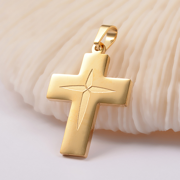 

PandaHall Ion Plating(IP) 304 Stainless Steel Pendants, Cross, Golden, 34.5x24x2mm, Hole: 4.5x6.5mm 304 Stainless Steel Cross