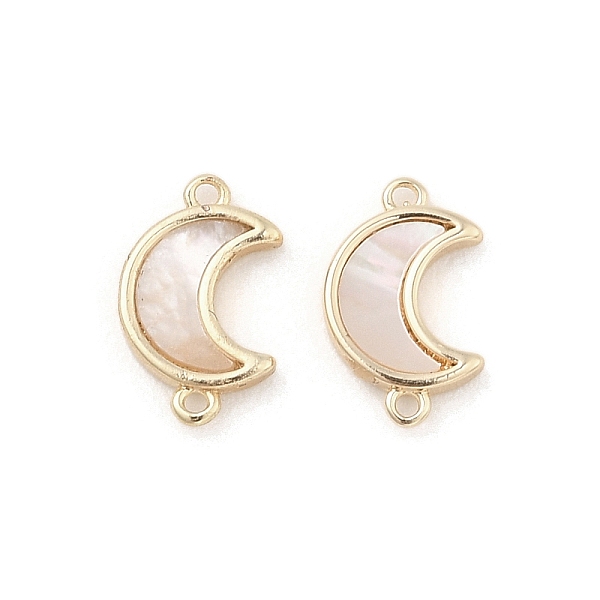 

PandaHall Natural White Shell Connector Charms, Brass Moon Links, Real 18K Gold Plated, 11x7x2mm, Hole: 0.8mm Brass+Shell Moon