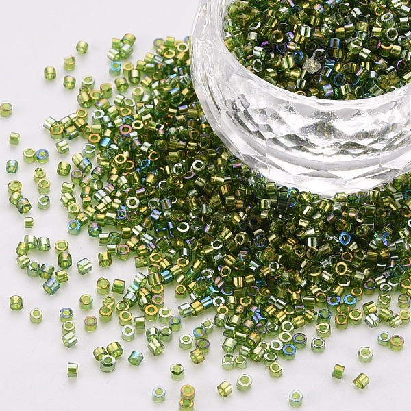 

PandaHall Glass Cylinder Beads, Seed Beads, Transparent Colours Rainbow, Round Hole, Olive, 1.5~2x1~2mm, Hole: 0.8mm, about 8000pcs/bag..., Green