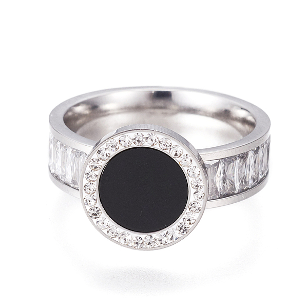 

PandaHall 304 Stainless Steel Resin Finger Rings, with Polymer Clay Rhinestone and Cubic Zirconia, Flat Round, Stainless Steel Color, Size..., Black