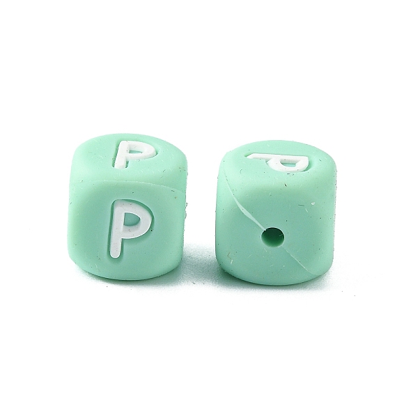 

PandaHall Silicone Beads for Bracelet or Necklace Making, Turquoise Cube with Word, Letter.P, 12x12x12mm, Hole: 3mm Silicone Cube Green