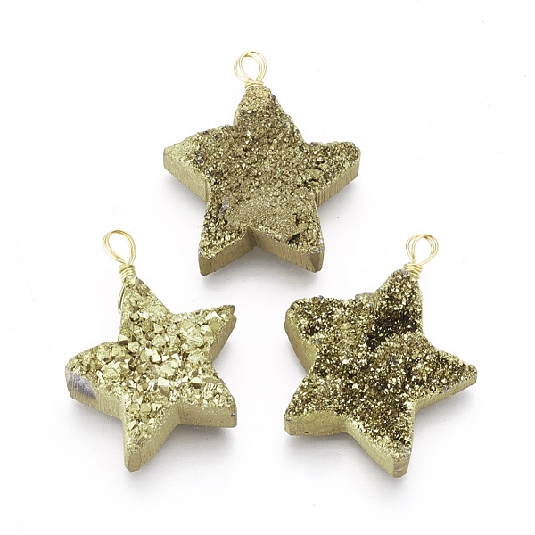 

PandaHall Electroplate Natural Druzy Quartz Pendants, with Brass Findings, Star, Golden, Antique Bronze Plated, 35~38x27~32x9~13mm, Hole...