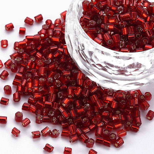 

PandaHall 8/0 Glass Bugle Beads, Silver Lined, Dark Red, 2.5~3x2.5mm, Hole: 1mm, about 15000pcs/pound Glass