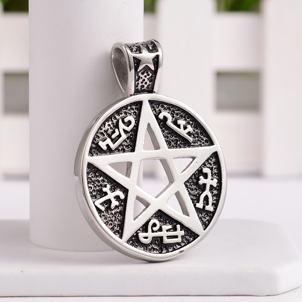 

PandaHall 304 Stainless Steel Pentacle Pendants, Flat Round with Star, Antique Silver, 50.5x38x4mm, Hole: 5.5x8mm 304 Stainless Steel Flat...