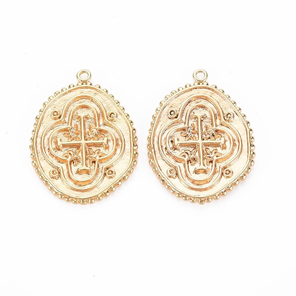 

PandaHall Brass Pendants, Nickel Free, Oval with Cross, Real 18K Gold Plated, 26x19x1.5mm, Hole: 1.4mm Brass Oval