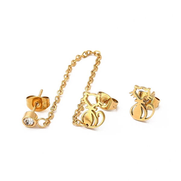 

PandaHall Vacuum Plating 304 Stainless Steel Dangle Chains Stud Earrings, Asymmetrical Earrings for Women, Golden, Cat Pattern, 90mm...