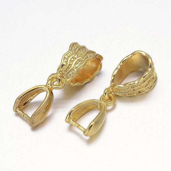 

PandaHall Rack Plating Brass Pendant Pinch Bails, Golden, 13x8x5mm, Hole: 5x9mm and 7x4mm, Pin: 1mm Brass