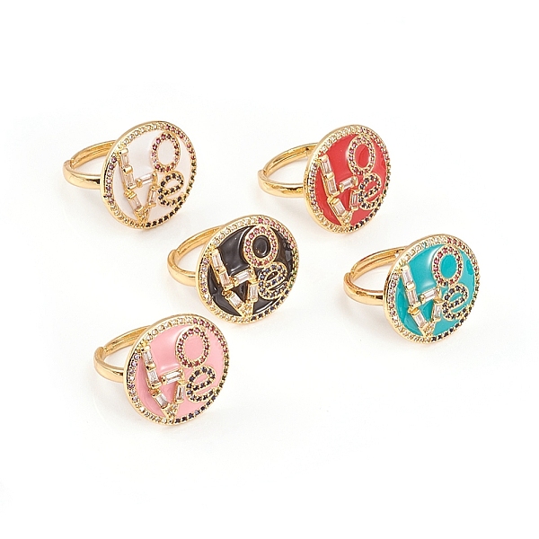

PandaHall Valentine's Day Theme Adjustable Brass Cubic Zirconia Rings, with Enamel, Flat Round with LOVE, Mixed Color, Size 7, 17mm..., Multicolor