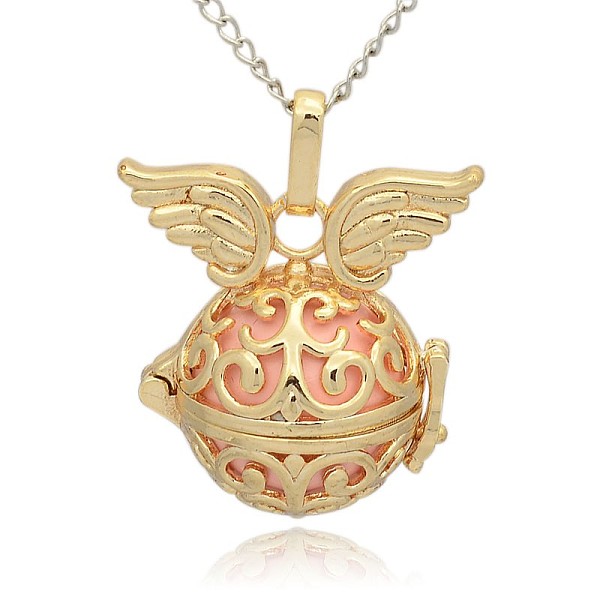 

PandaHall Golden Tone Brass Hollow Round Cage Pendants, with No Hole Spray Painted Brass Round Ball Beads, Round with Wing, Pink, 31x30x21mm...