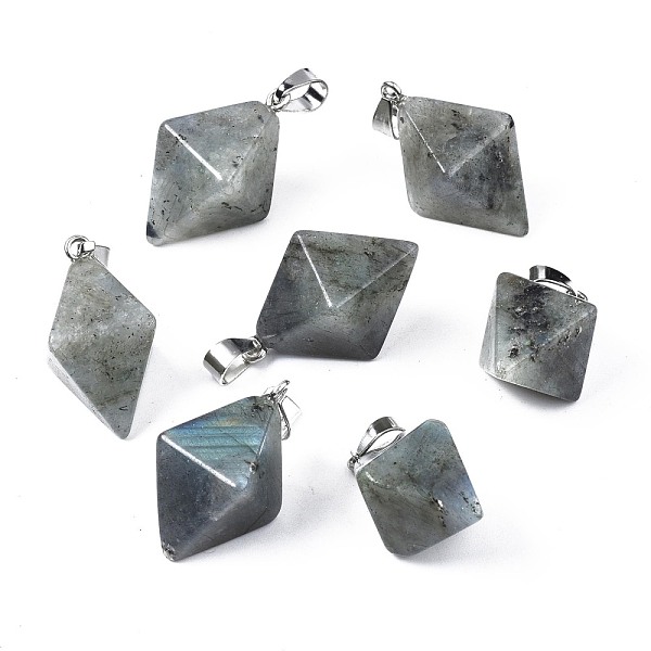 

PandaHall Natural Labradorite Pendants, with Platinum Plated Iron Findings, Bicone, 28~29.5x20x20mm, Hole: 4~5x6.5~7mm Labradorite Bicone