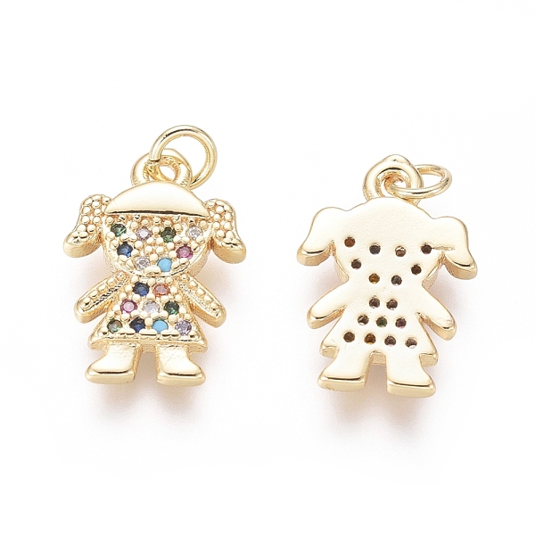 

PandaHall Golden Plated Brass Charms, with Cubic Zirconia and Jump Rings, Girl, Colorful, 15x10.5x2mm, Hole: 2mm Brass+Cubic Zirconia Human