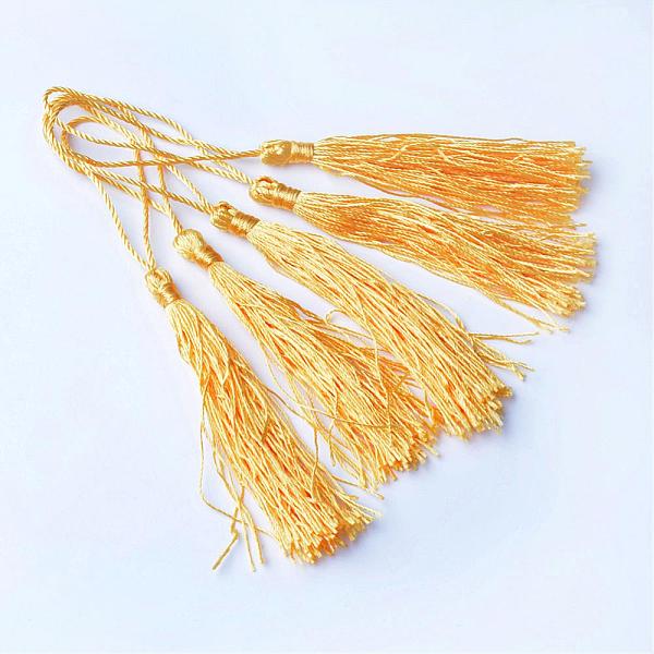 

PandaHall Polyester Tassel Decorations, Pendant Decorations, Gold, 130x6mm, Tassel: 70~90mm Polyester Gold