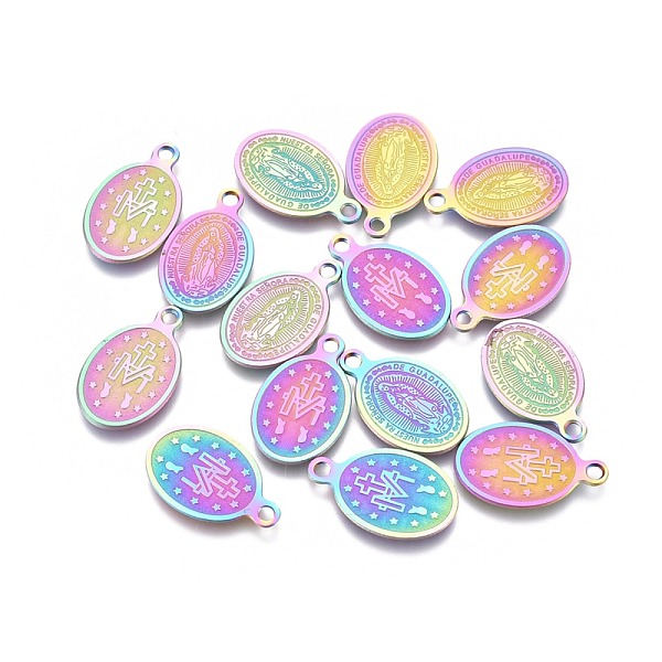 

PandaHall Ion Plating(IP) 304 Stainless Steel Charms, Laser Cut, Oval with Virgin Mary, Rainbow Color, 14.5x9x0.6mm, Hole: 1.4mm 304...