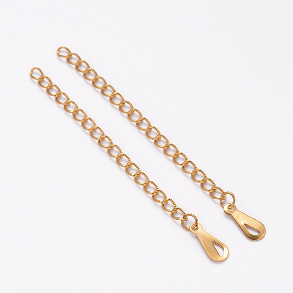 

PandaHall Ion Plating(IP) 304 Stainless Steel Chain Extender, with Teardrop Charms, Golden, 62~70mm, Ring: 4x3x0.5mm 304 Stainless Steel