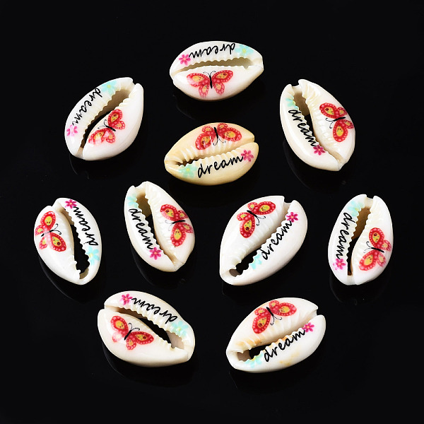 

PandaHall Printed Natural Cowrie Shell Beads, No Hole, Butterfly Pattern & Word Dream, Red, 18~23x13~16x7~8mm Cowrie Shell Shell Shape Red